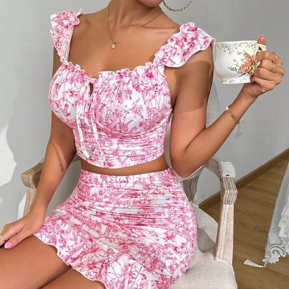 Hot Pink Boho Women's Ruffle Trim Ruffled 2-Piece Set